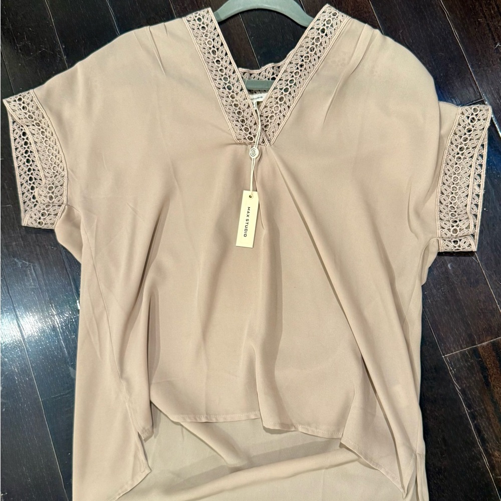 NWT! Max Studio Tan Crochet Accent Blouse